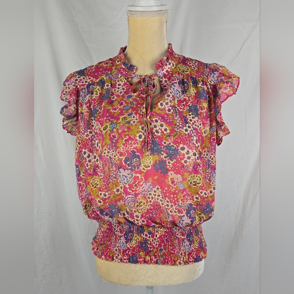 Joie Pink Floral Ruffle-Sleeve Blouse